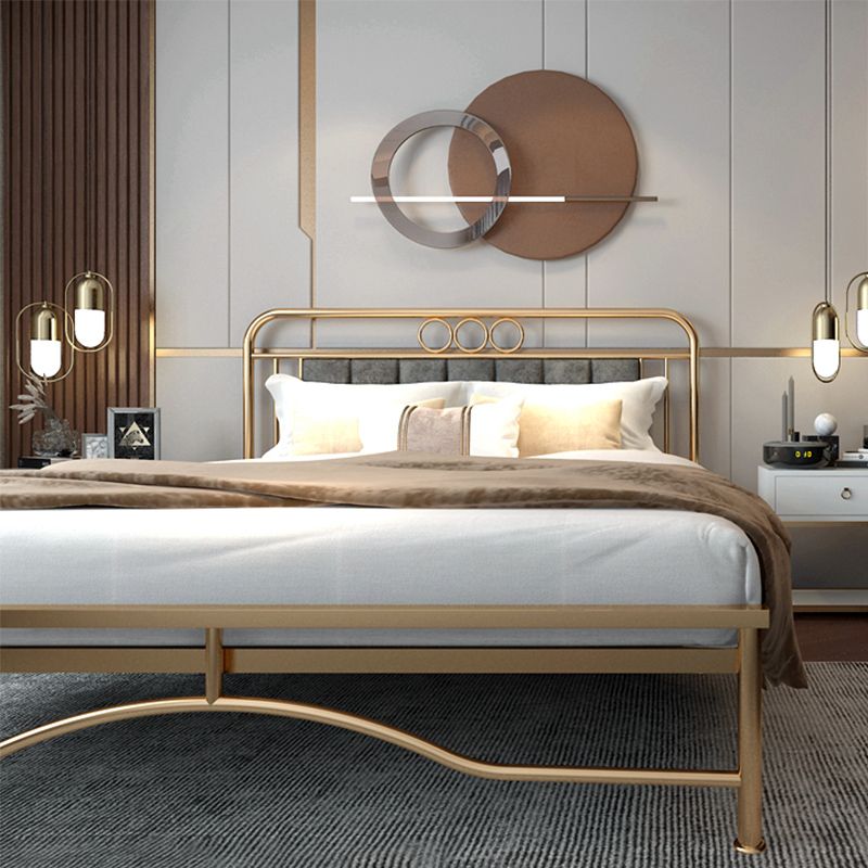 Upholstered Metal Bed in Gold Finish Low Profile Bed with Headboard