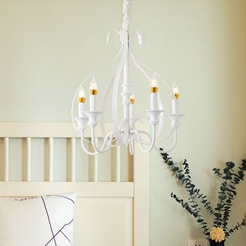 Swooping Arm Metal Chandelier Light Traditional 5 Lights Dining Room Pendant Lighting in White