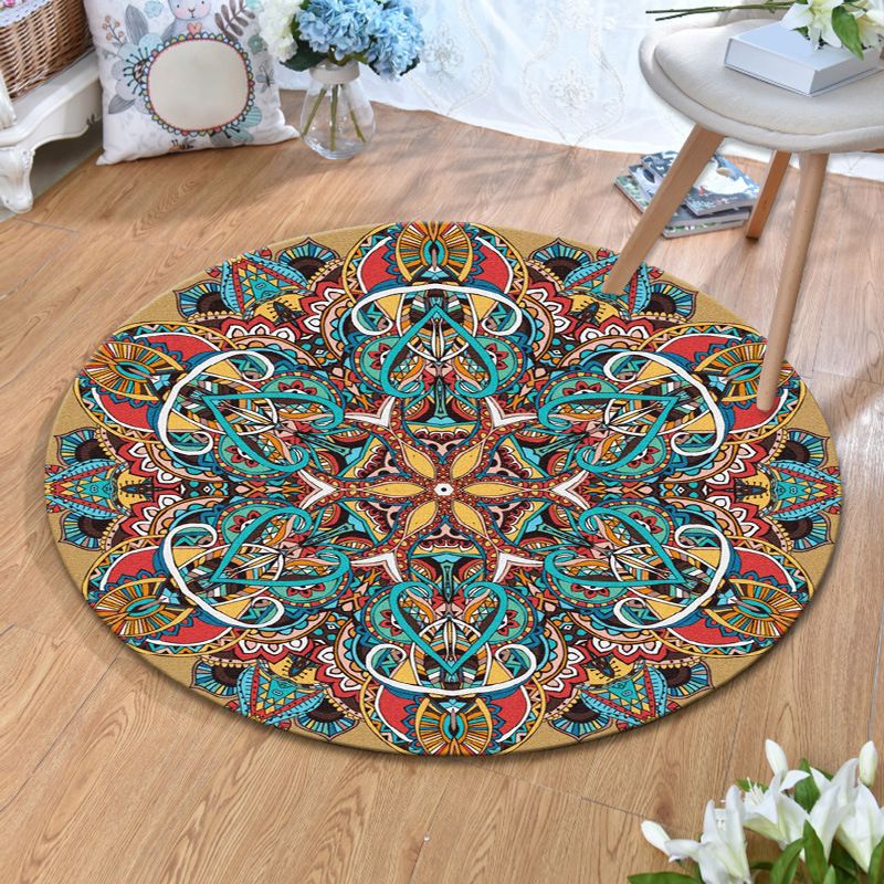 Ethnic Multi Colored Print Rug Polyester Persian Rug Stain Resistant Machine Washable Anti-Slip Backing Rug for Sitting Room