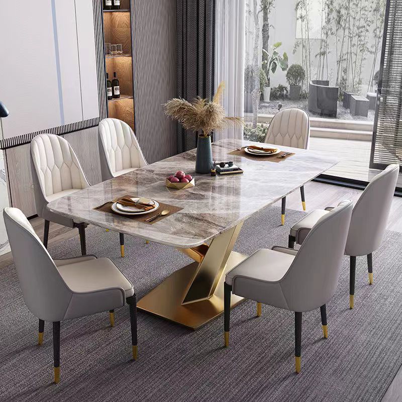 Luxury Sintered Stone Dining Table Rectangle Table with Single Pedestal in Gold
