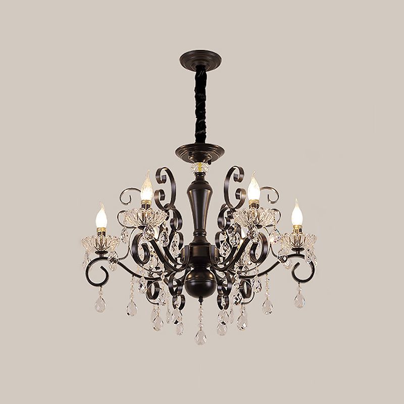 Metallic Candle Hanging Lamp Kit Minimalism 6/8 Bulbs Black Chandelier with Crystal Strands and Curvy Arm