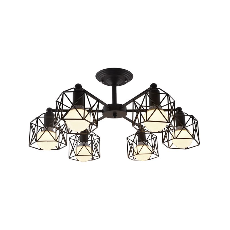 Plafonnier semi-encastré à 6/8/10 têtes avec abat-jour à cage hexagonale en métal de style vintage pour salon près du plafonnier en noir