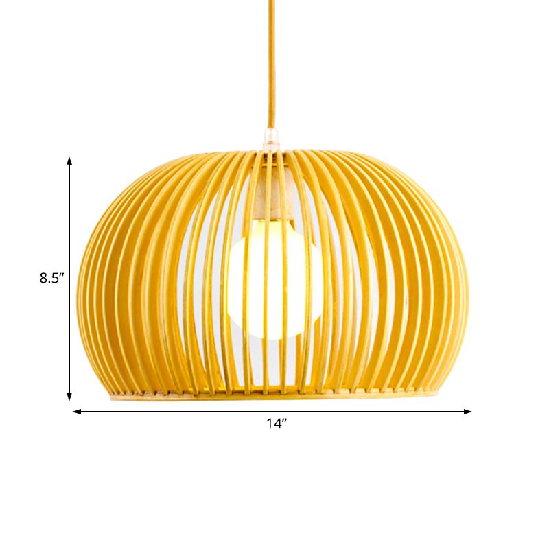 Wooden Dome Shade Suspended Lamp Asian Single Pendant Light for Restaurant Dining Room