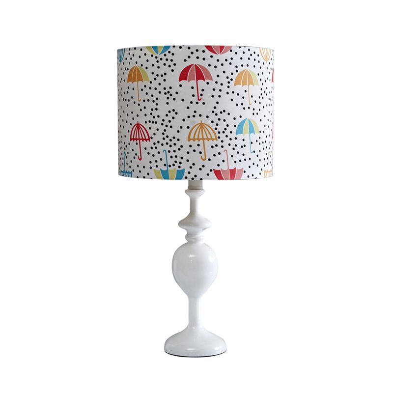 Resin Drum Desk Light Contemporary 1 Bulb White Nightstand Lamp with Fabric Shade