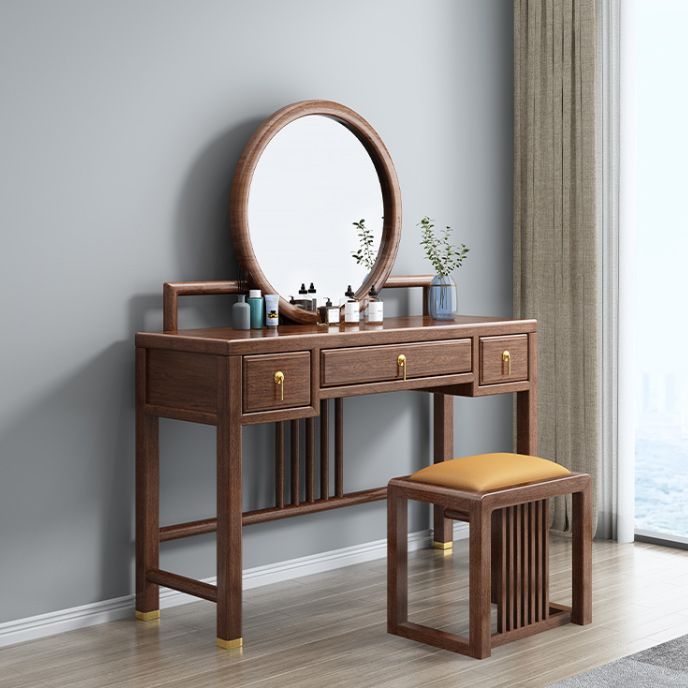 Traditional 3 Drawers Walnut Wood Mirrored Makeup Table Desk Vanity in Brown
