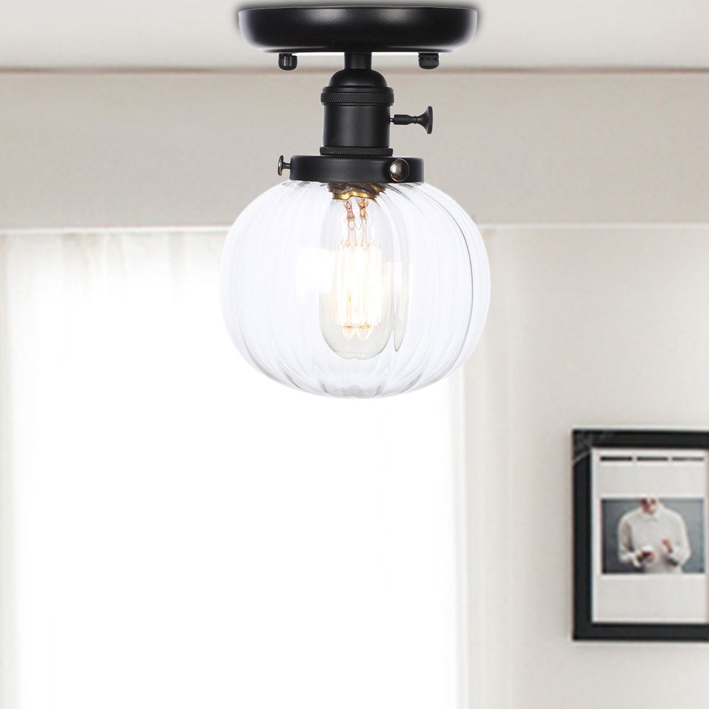 Black 1 Light Ceiling Mount Clear/Amber Glass Industrial Round/Globe Semi Flush Light for Kitchen