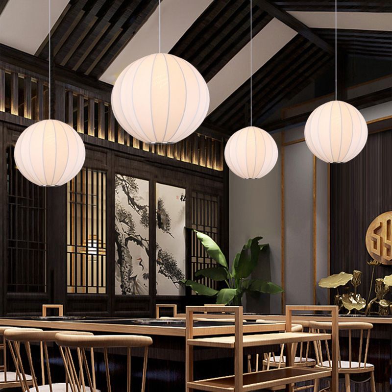 White Shaded Pendant Lighting Fixture Modern Fabric Hanging Ceiling Light for Restaurant