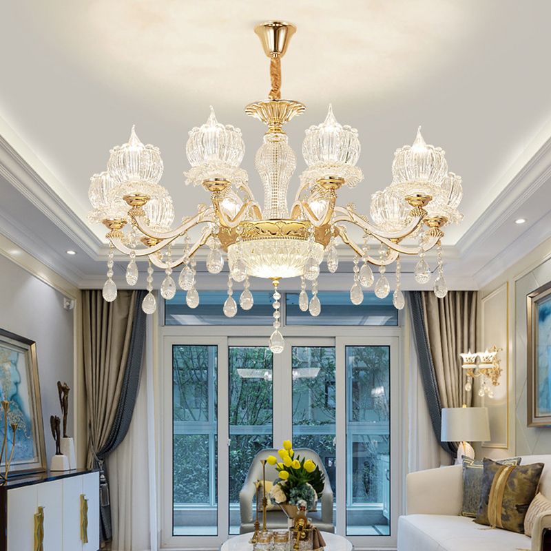 Ribbed Crystal Flower Ceiling Lighting Traditional Living Room Chandelier Light with Crystal Draping in Clear