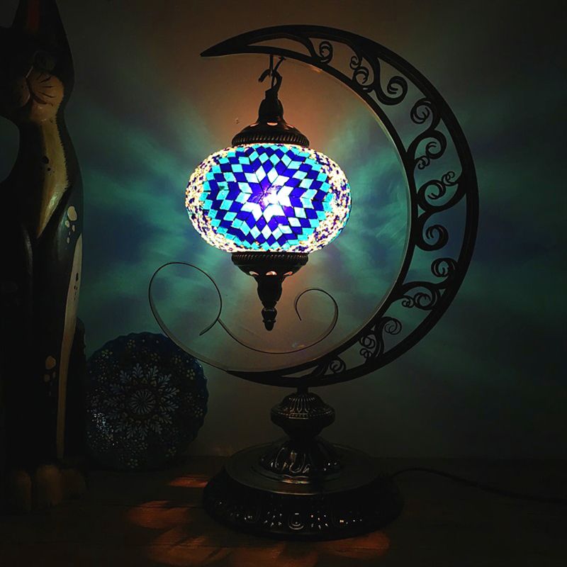 Global Bedroom Nightstand Lamp Decorative Stained Glass 1 Light White/Red/Pink Desk Light with Moon Design