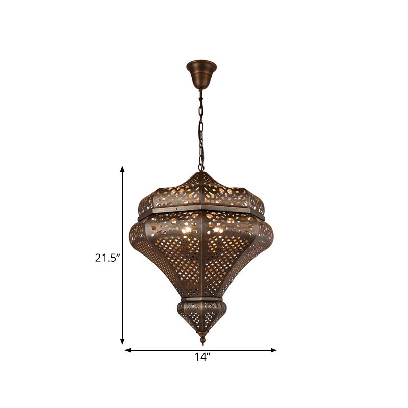 4 Lights Chandelier Lamp Retro Restaurant Pendant Light with Hollow Metal Shade in Bronze