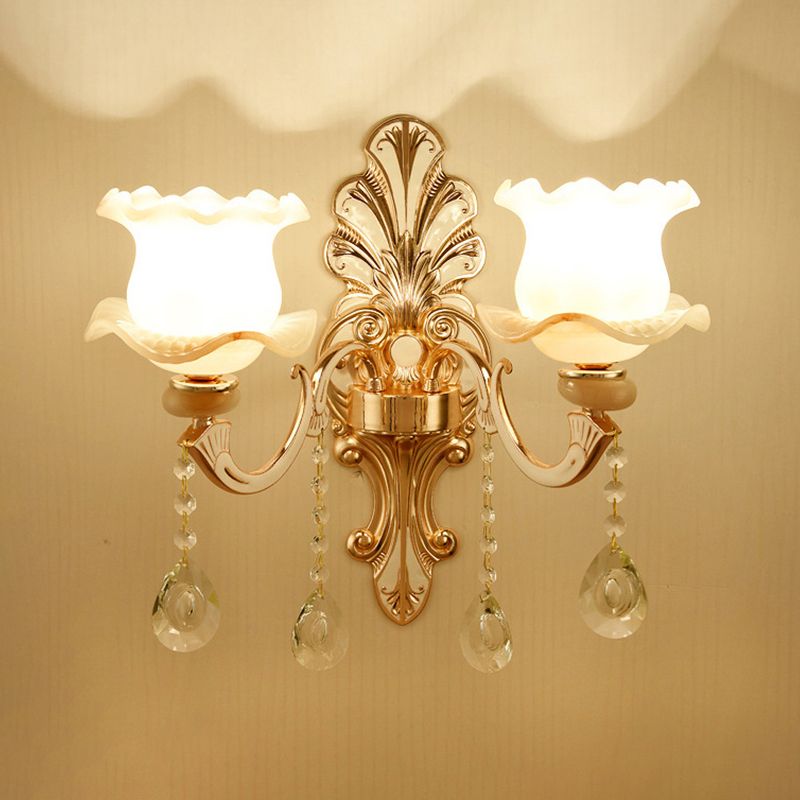 Gold Wall Mount Light Retro Glass Floral Shade Wall Lighting with Hanging Crystal