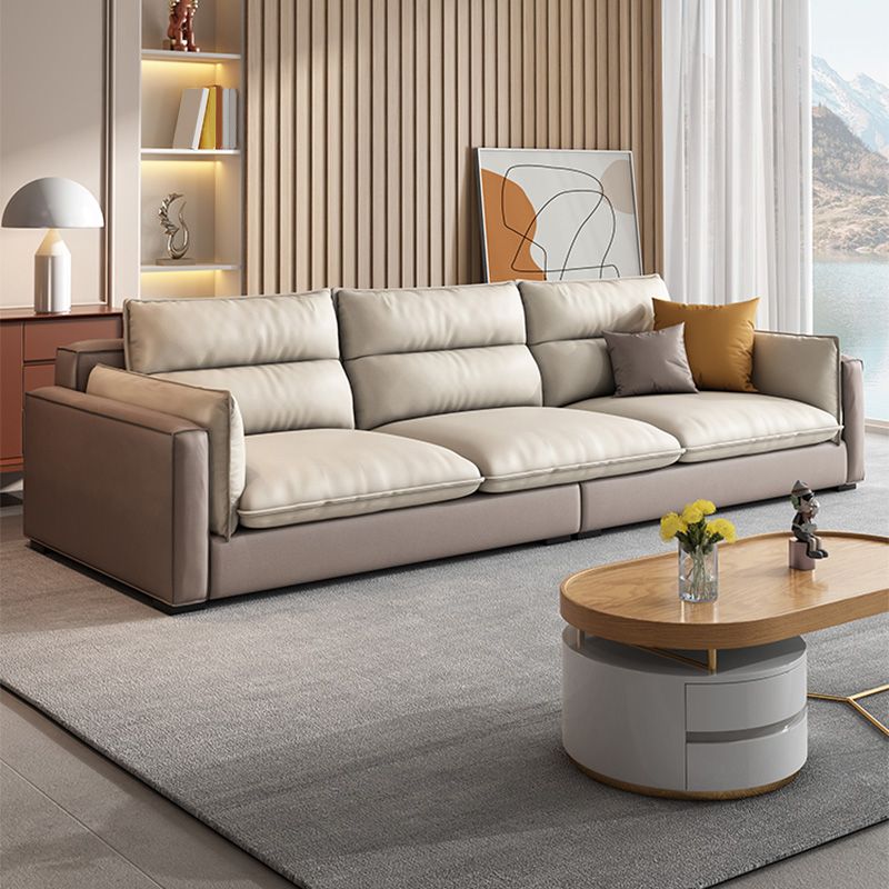 Stain Resistant Beige Stationary Faux Leather Living Room Square Arm Seating
