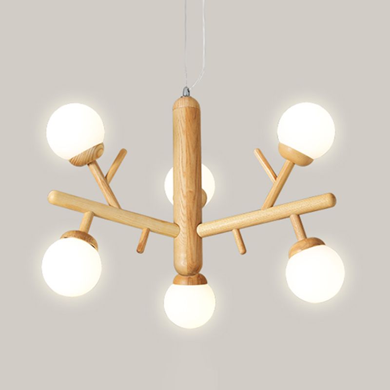 Lampadario ramo di legno moderno a ciondolo multi-testa con tonalità di vetro bianco