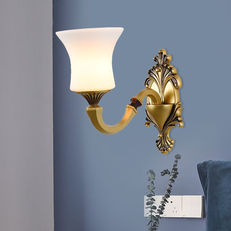 Bell Bedroom Up Wall Mounted Light Antiqued Frosted Glass 1/2-Light Brass Wall Lamp Fixture