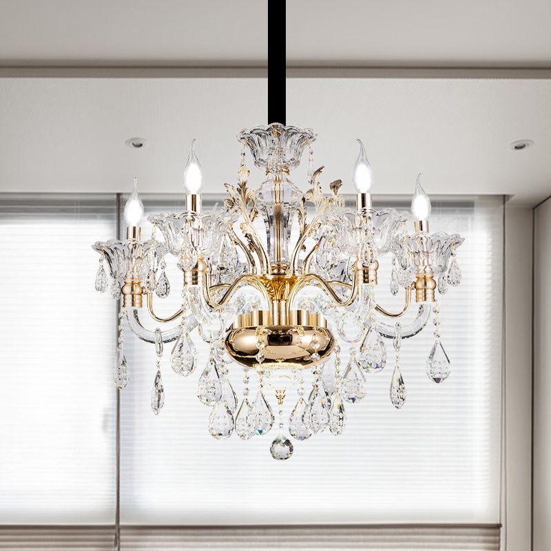 6 Lights K9 Crystal Pendant Light Mid-Century Gold Candlestick Bedroom Chandelier Lamp