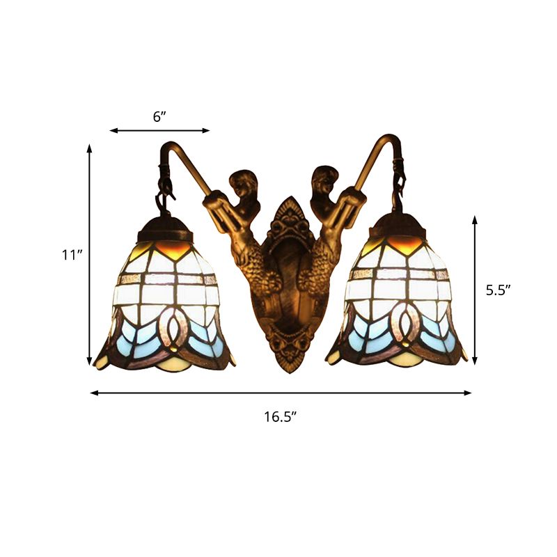 Baroque Wall Mount Light with Bell Shade and Mermaid Stained Glass Wall Lamp in Antique Brass for Foyer