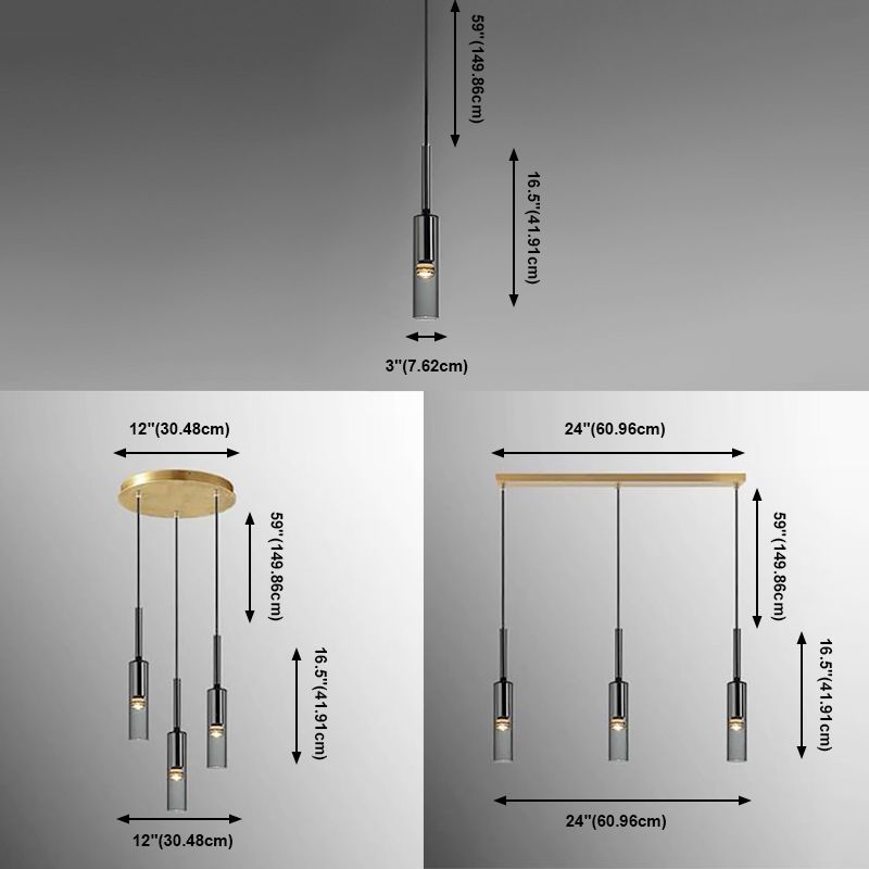 Luce a sospensione grigio in cristallo in moderna lampada a sospensione cilindrica di rame per sala da pranzo