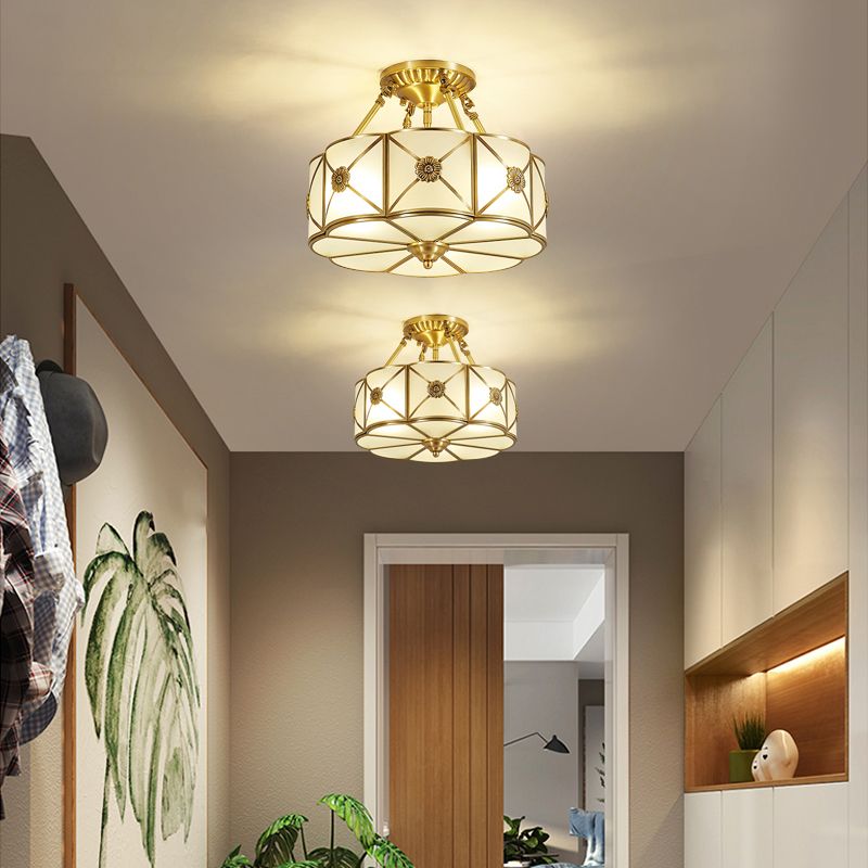 Lámpara de techo de bronce y vidrio, luz de techo de cobre de estilo colonial para dormitorio