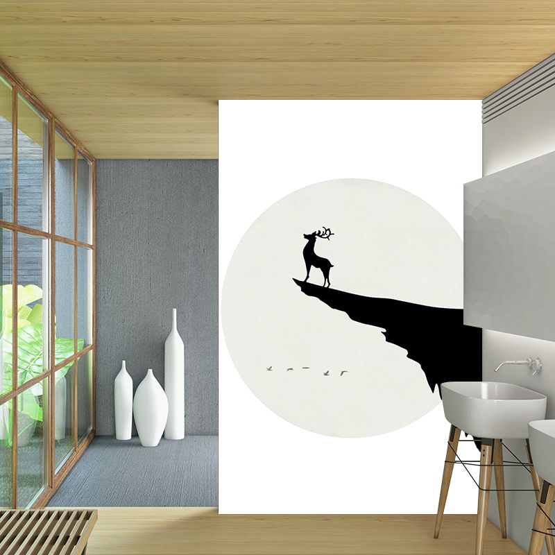 Custom Illustration Simple Wall Murals with Deer on Cliff at Full Moon Night Pattern in Black-White