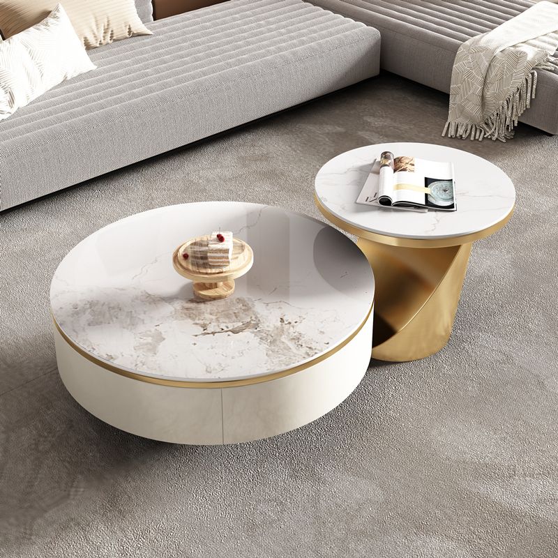 Slate Glam Coffee Table Round Nesting Coffee Table Set with Drawer