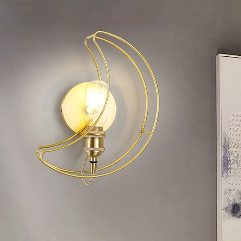 1 Light Wall Lighting with Moon Cage Shade Metal Loft Style Bedroom Sconce Light Fixture in Gold