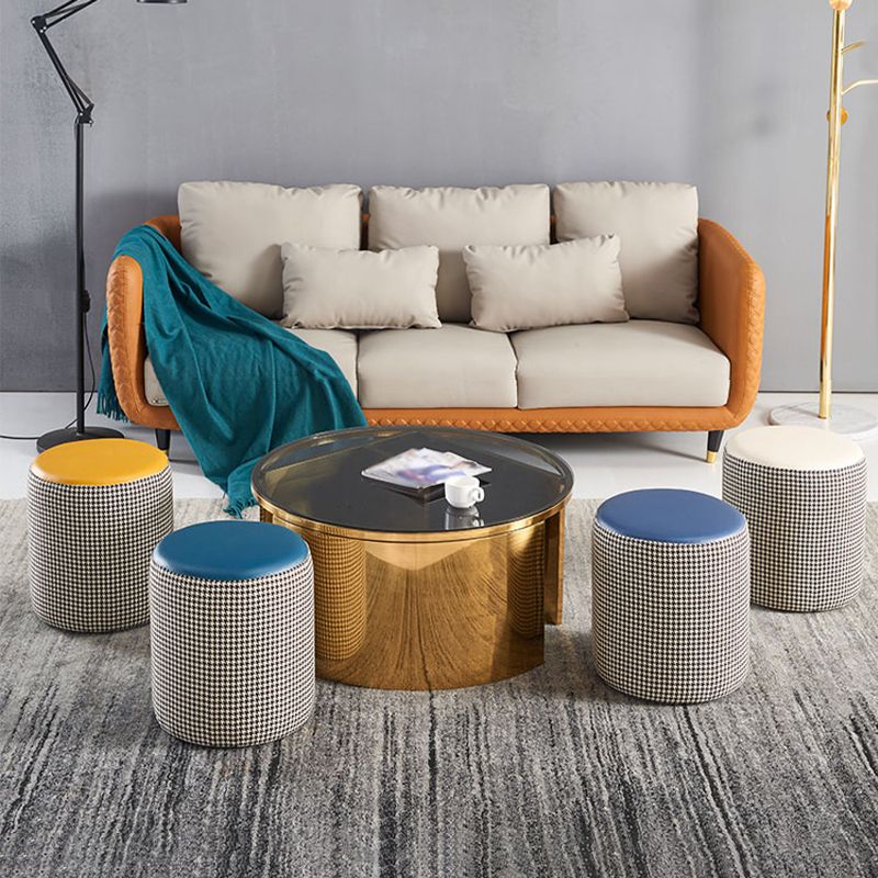 Modern Water Resistant Ottoman Circle Shape Orange Genuine Leather Cube