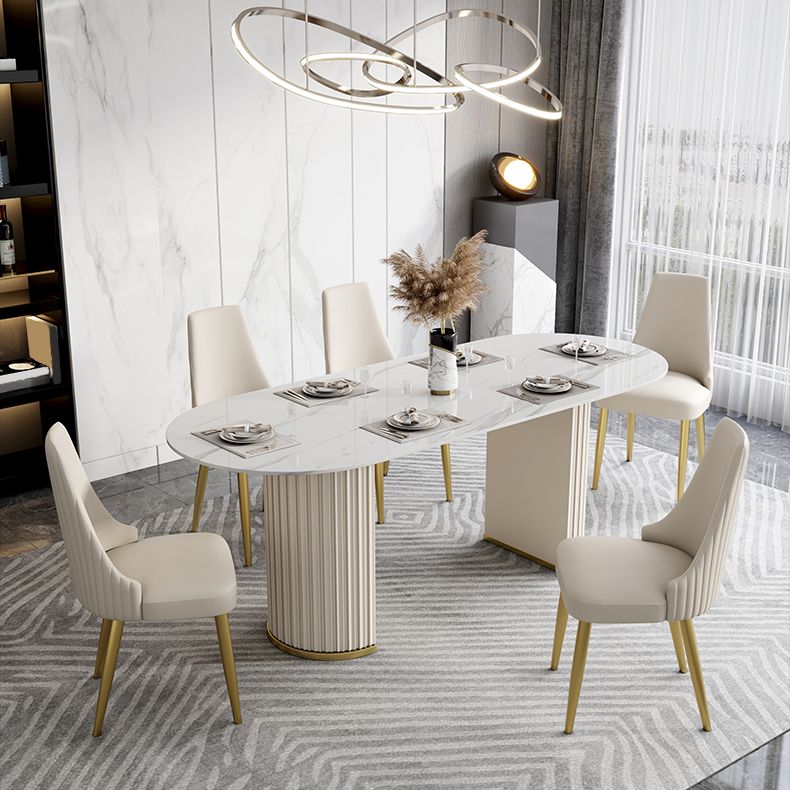 Luxury Sintered Stone Top Table Oval White Table with Double Pedestal