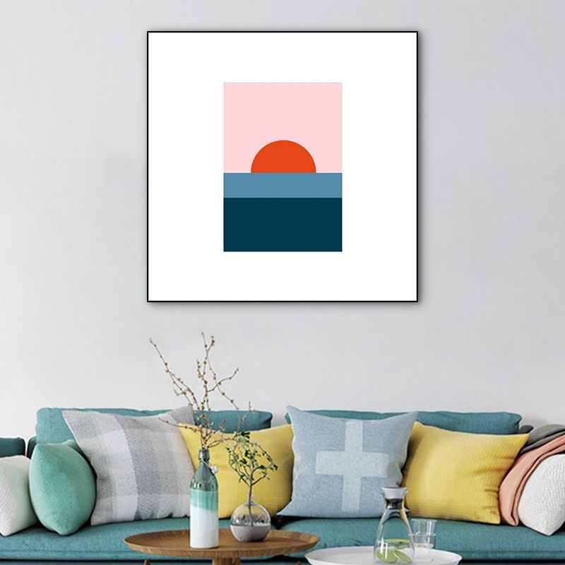 Minimalist Ocean Sunrise Drawing Art Print Canvas Textured Blue Wall Decor for Bedroom