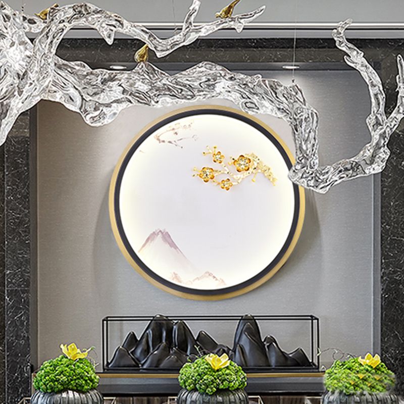 Éclair mural de fleur de prune arrondi métallique lampe murale à LED orientale en or pour le couloir