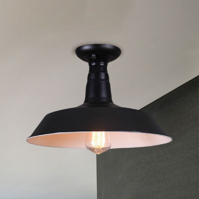 10"/14" Dia 1 Bulb Semi-Flush Mount Light Industrial Barn Shade Metallic Close to Ceiling Light in Black