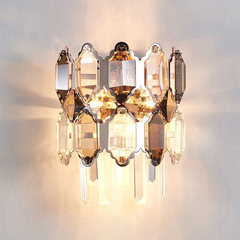 Dual-Tiered Wall Light Fixture Modern Clear Crystal 2-Bulb Surface Wall Sconce in Silver for Staircase