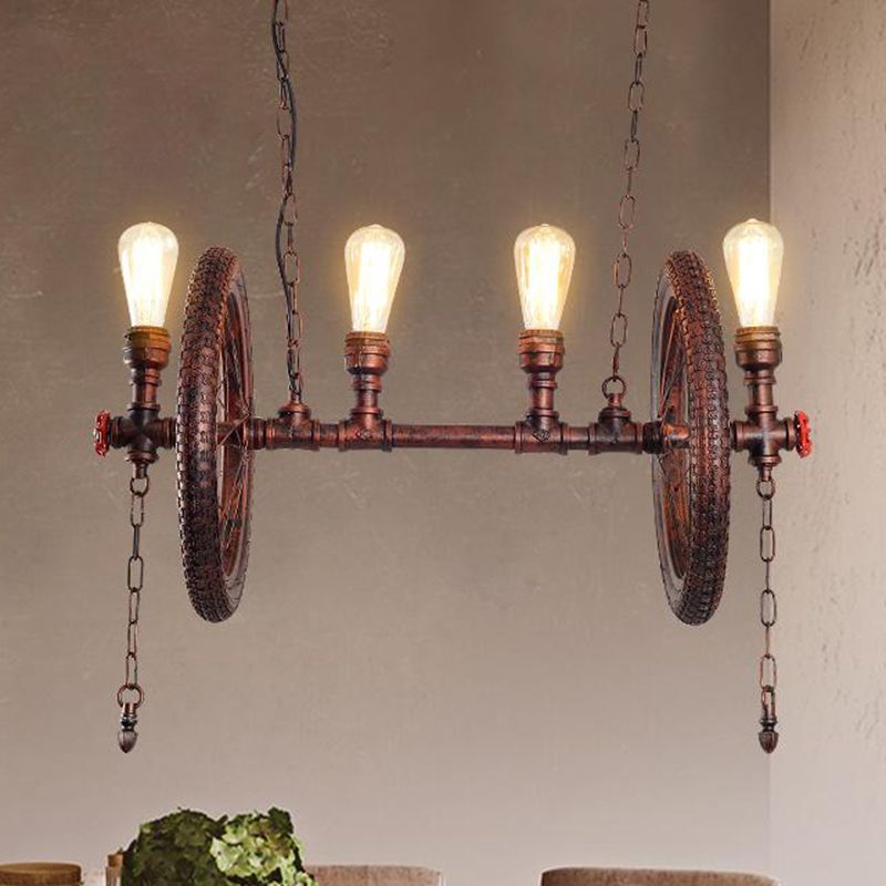 4-Bulb Metal Hanging Light Kit Industrial Weathered Copper Wheel Dining Room Island Lighting Fixture