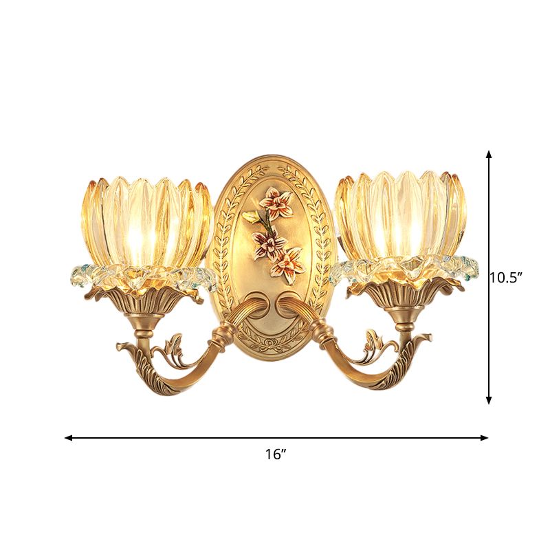 Antique Flower Wall Lamp 2 Lights Clear Ribbed Glass Sconce Lighting Fixture in Gold