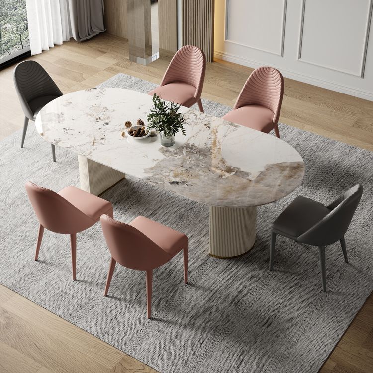 Ovale dubbele voetstuk glamour eettafel witte tint vaste tafel met gesinterde steen