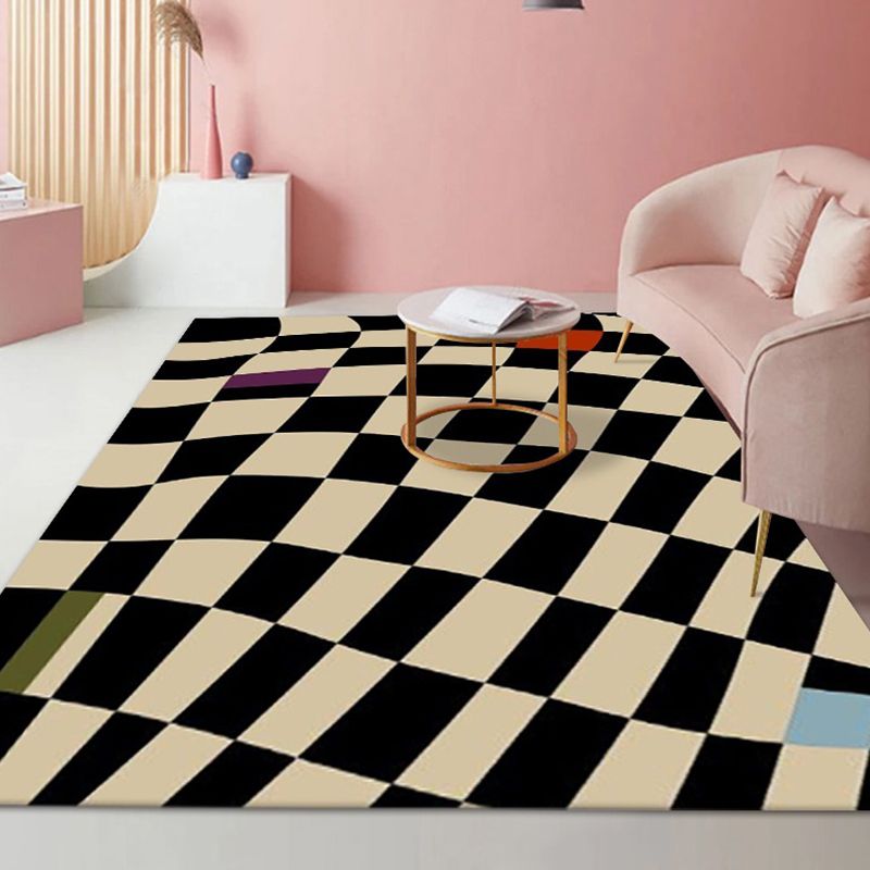 Black Modern Rug Polyester Check Rug Washable Rug for Living Room