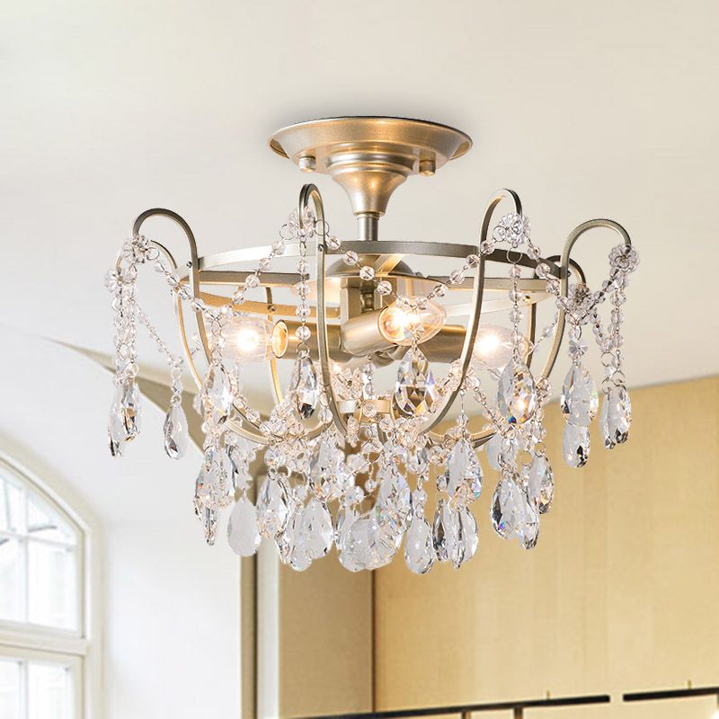 Droplet Semi Flush Traditional Beveled Crystal 4 Bulbs Brass Ceiling Mount Light Fixture