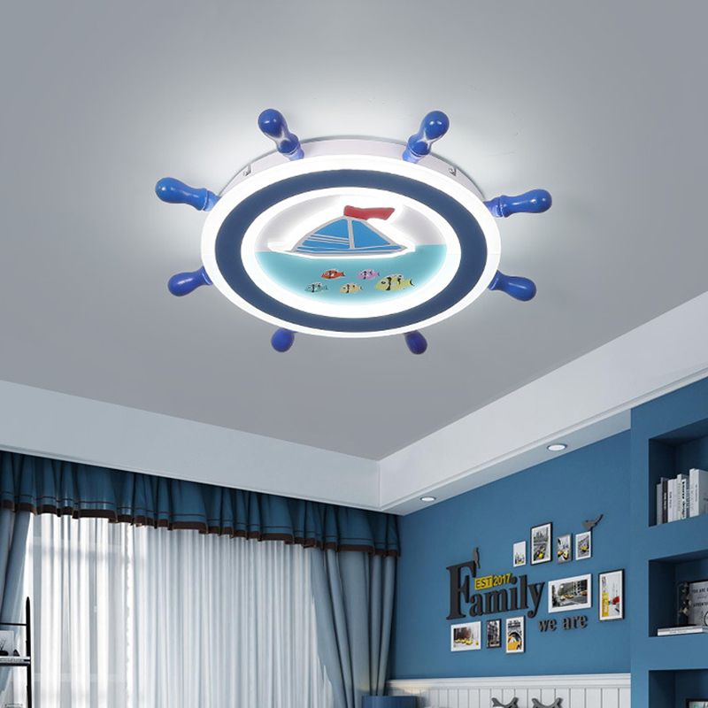 Nautical Rudder Flush Mount Pendant Fixture Acrylic LED Bedroom Ceiling Lighting with Sailboat Pattern in Blue and White