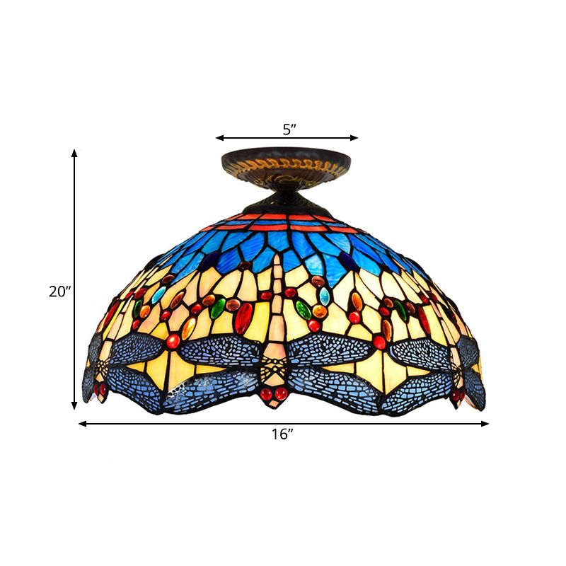Plafonnier Tiffany à 1 tête pour porche, lampe encastrée blanc/rouge avec abat-jour en vitrail libellule