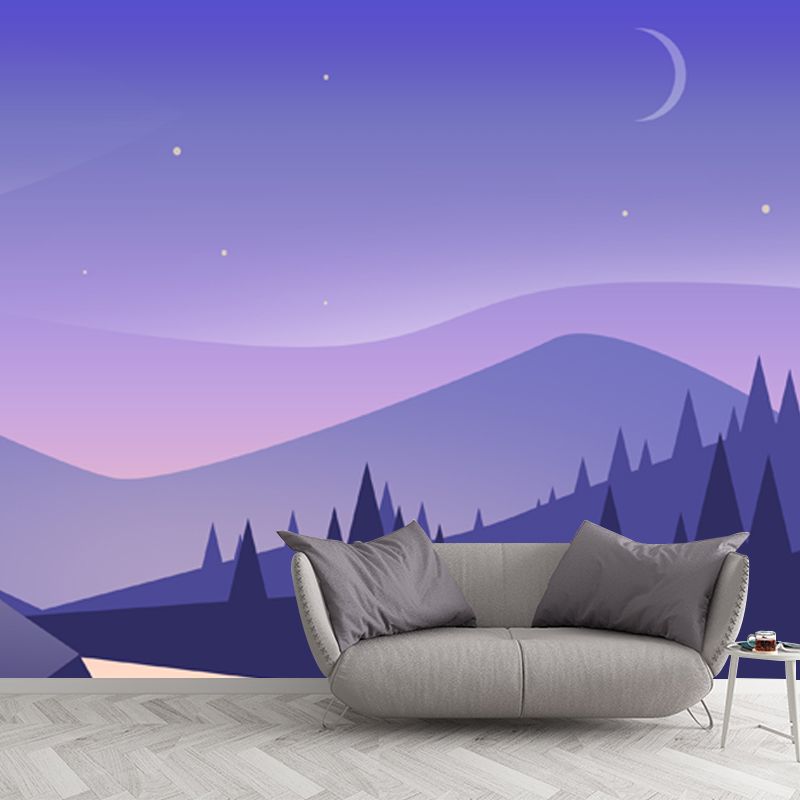 Full Size Road Curve Murals Wallpaper Modern Serene Starry Sky Wall Decor in Purple