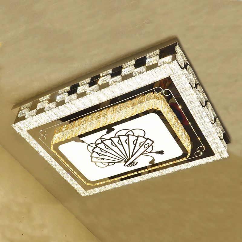 Oblong Drawing Room Ceiling Light Crystal Block LED Modernism Flush Mount with Folding Fan Pattern in Chrome