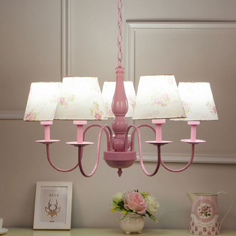 5 Bulbs Blossom Hanging Lamp with Fabric Shade Kids Metal Chandelier in Pink for Kindergarten