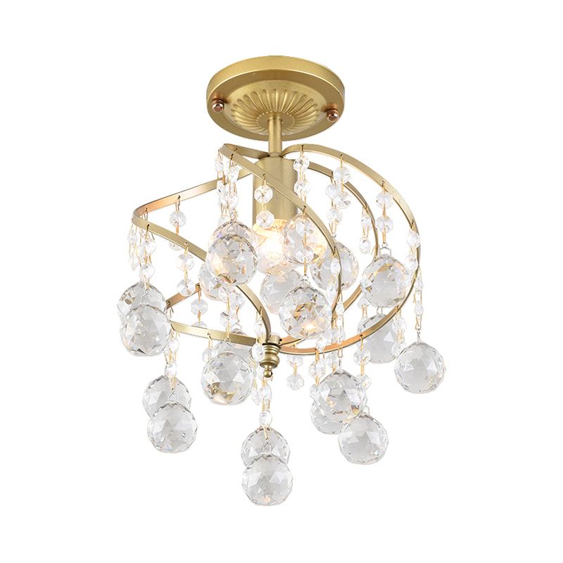 Spiral Semi Flush Lamp Contemporary Metallic 1 Light Golden Corridor Flush Ceiling Light with Crystal Drop