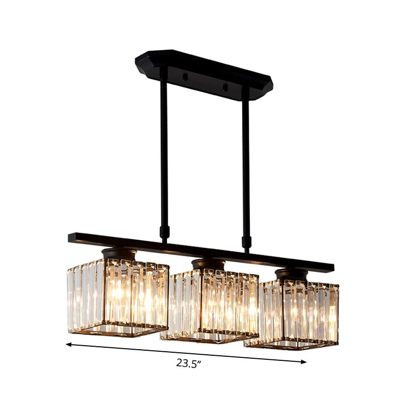 3/4 Lights Square Hanging Ceiling Light Modernism Clear Crystal Dining Room Lighting in Black/Gold