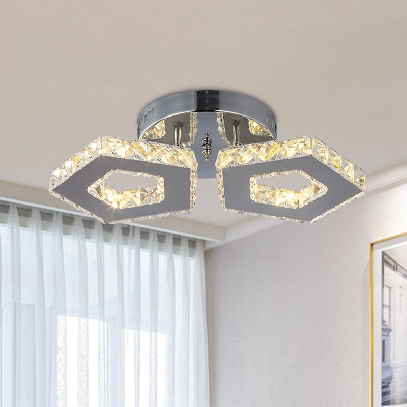 Double Pentagon Semi Flush Mount Amber Crystal Block Ceiling Light in Chrome
