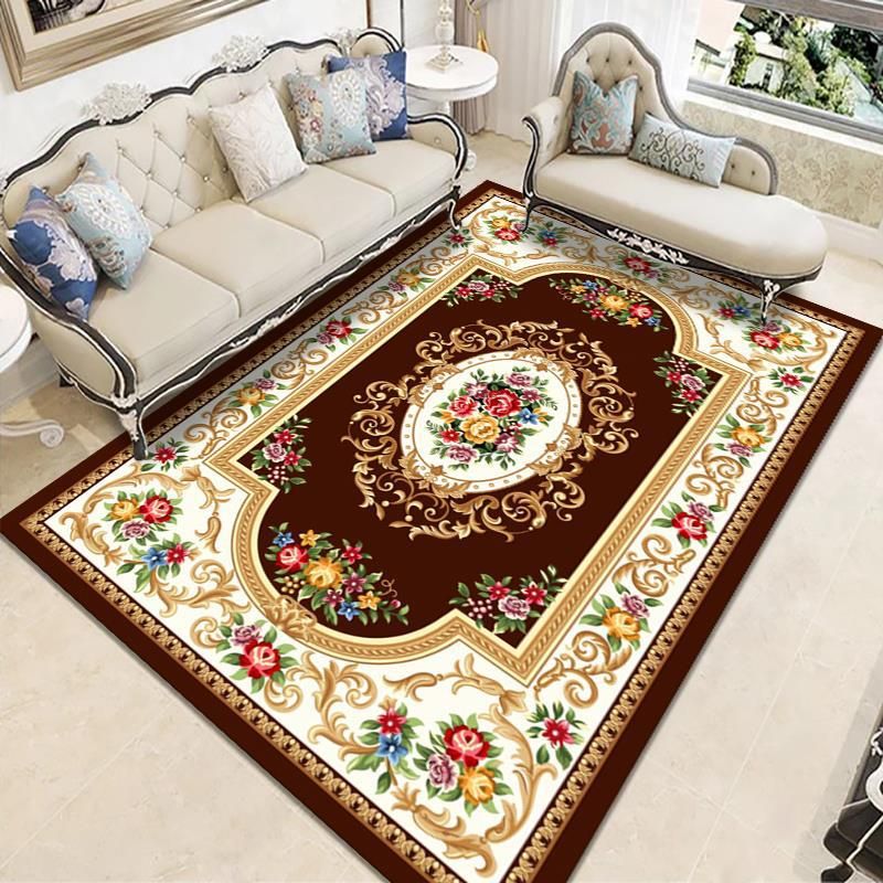 Wine Red Vintage Carpet Polyester Flower Carpet Washable Carpet for Living Room