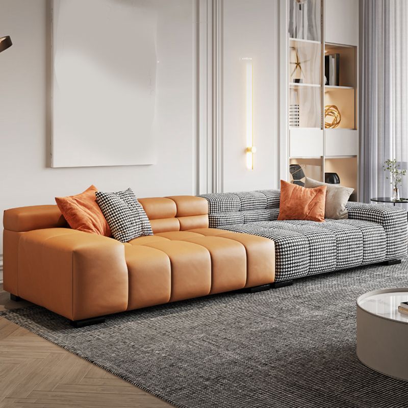 Modern Leather and Fabric Sectional Square Arm Sectional with Pillows