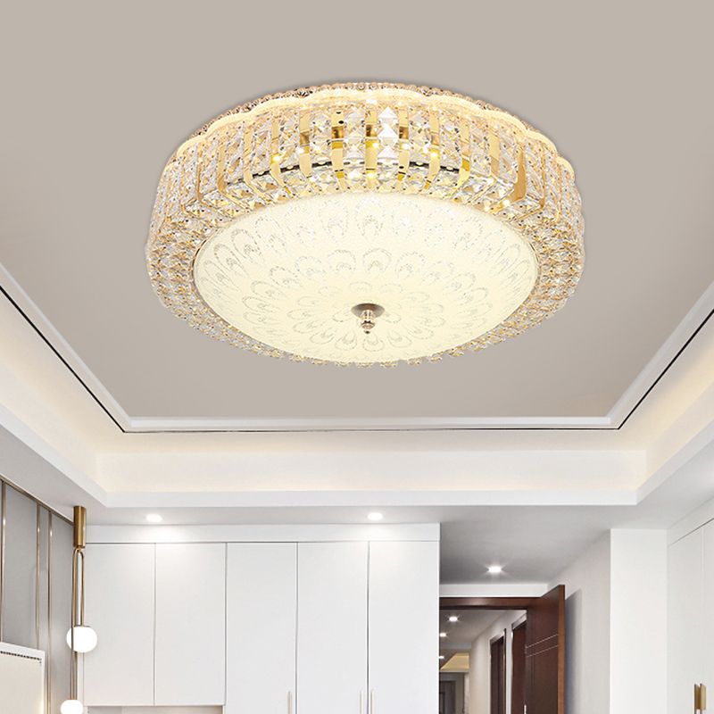 Circle Beveled Crystal Ceiling Flush Light Simple Hotel LED Flush Mount with Frosted Flower Glass Shade in Gold