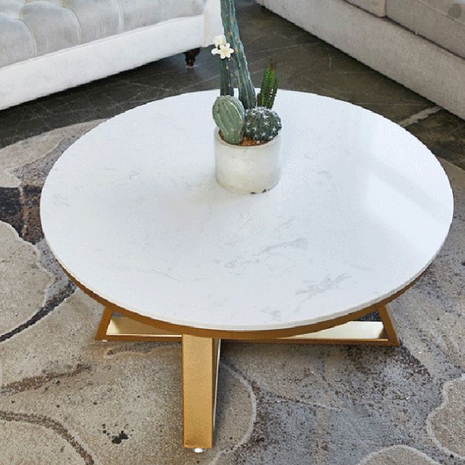 Round Marble Top Cocktail Table with Iron Cross Base Coffee Table