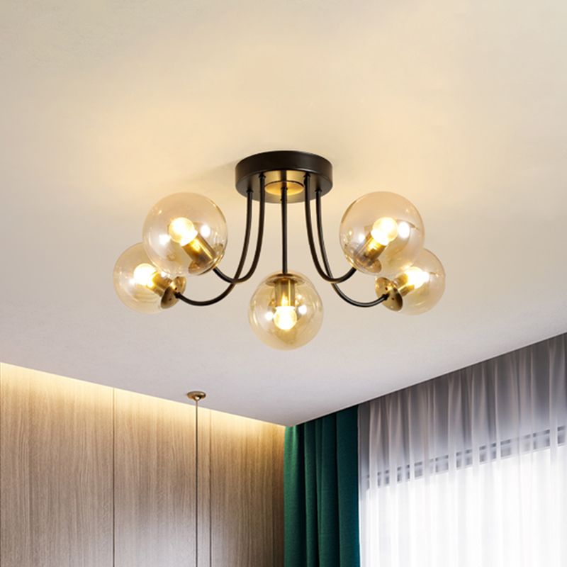 Plafonnier sphérique semi-encastré Post moderne blanc givré/verre ambré 5 ampoules lampe encastrée pour chambre à coucher