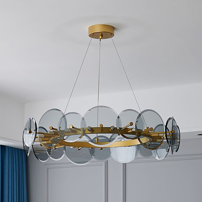 Gold Circle Chandelier Modern Multi Light Hanging Light with Glass for Bedroom